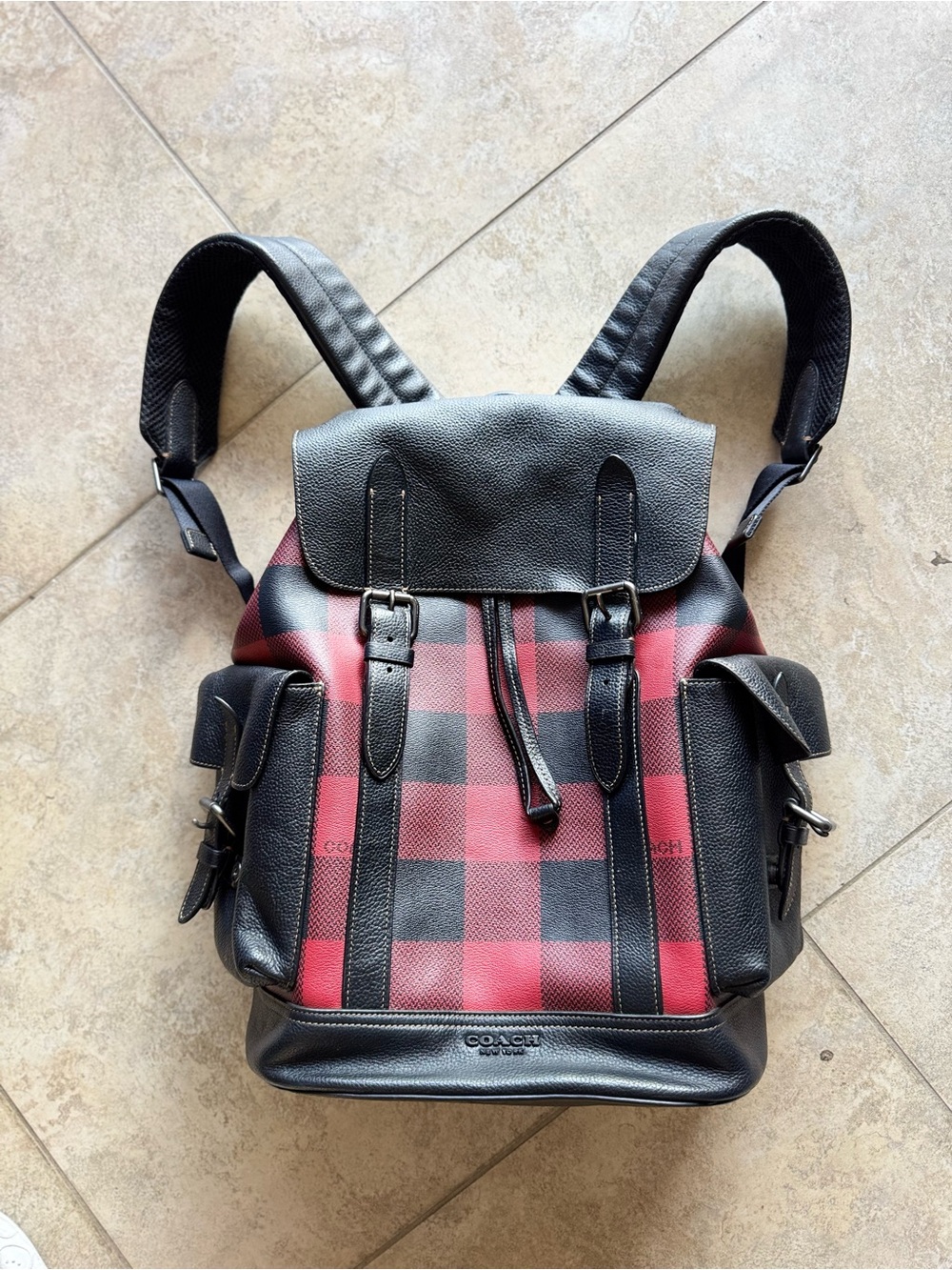 Coach Red & Black Plaid Leather Backpack with Buckle Flap
